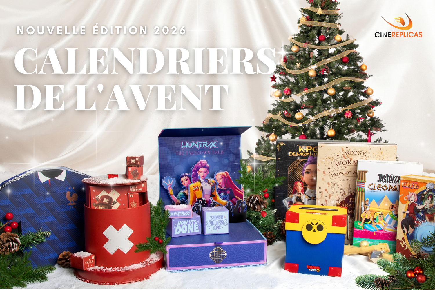 Banners promotionnelle Cinereplicas pour la nouvelle édition 2026 des calendriers de l'Avent pop culture.